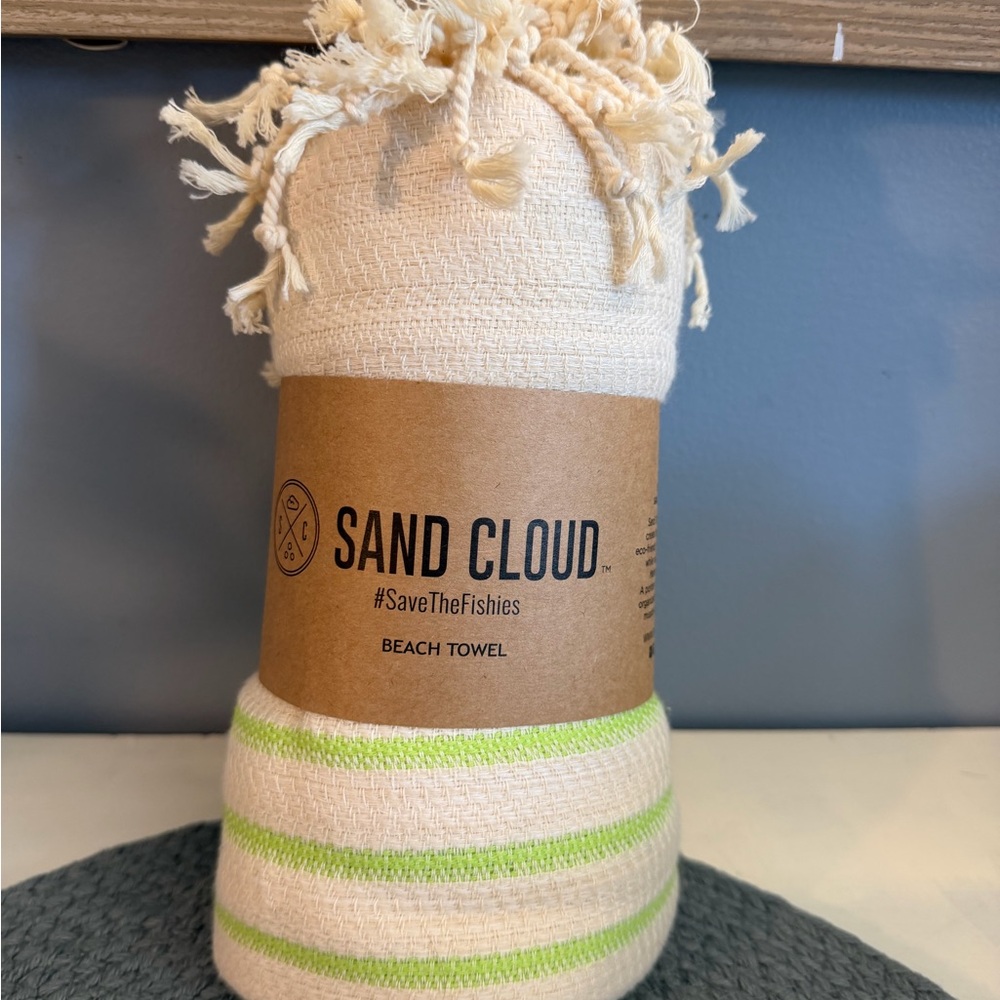 Sand Cloud Cream Beach Towel with Pale Lime Stripe Accents